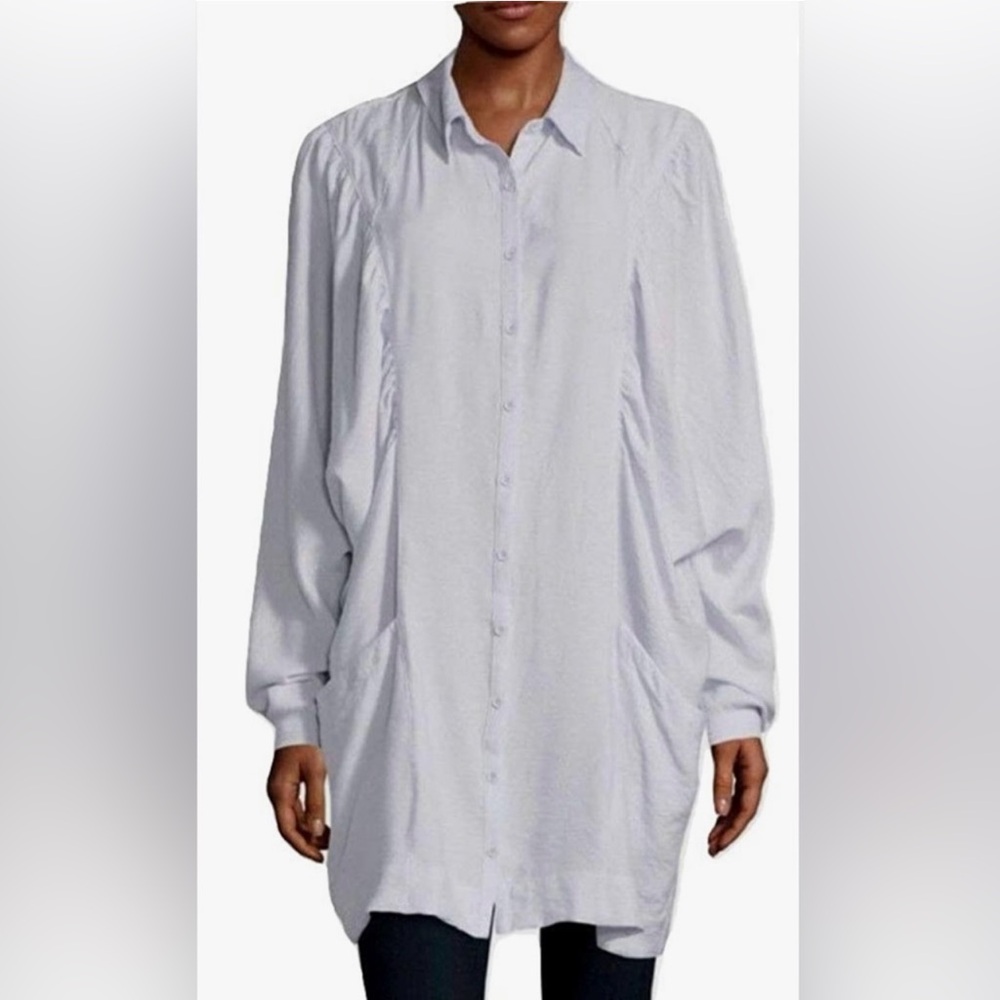 Free People Fade Away Oversized Button Up Shirt Dress Small In Ice Blue